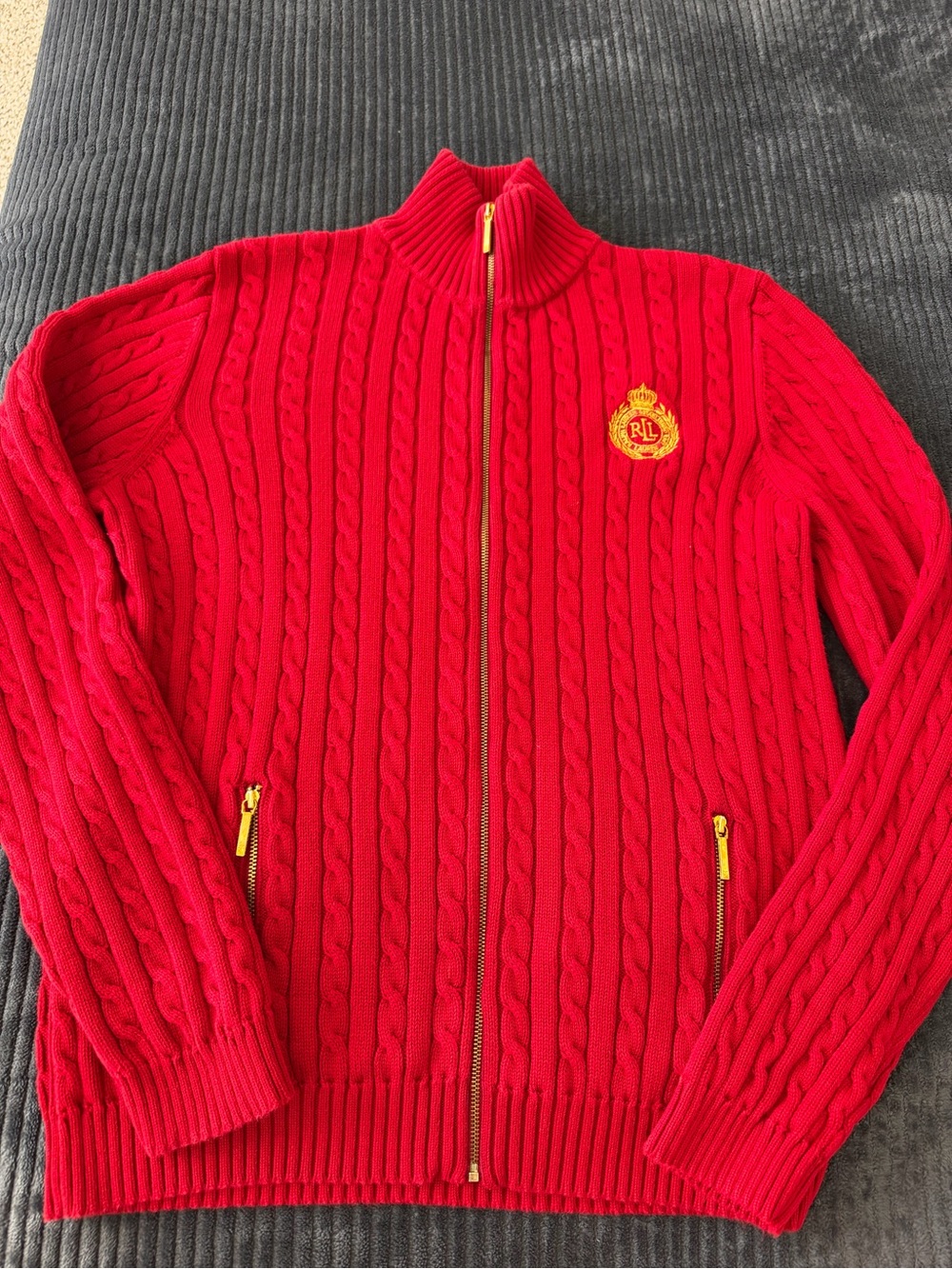 Ralph Lauren Bright Red Cable-Knit Zip Cardigan with Crest